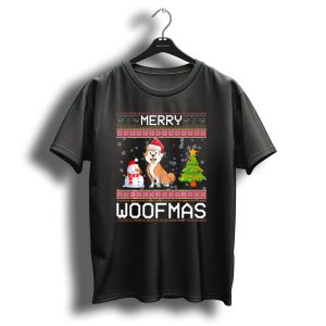 Merry Woofmas Funny Akita Dog Christmas Tree And Snowman T-Shirt