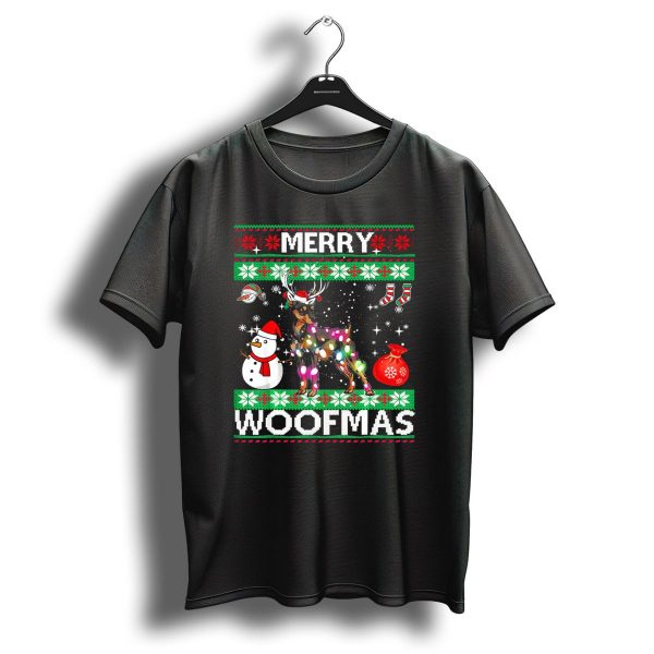 Merry Woofmas Miniature Pinscher Reindeer Snowman Christmas Lights T Shirt 1 t shirt 1