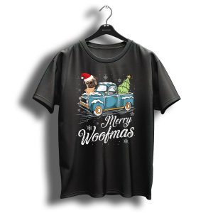 Merry Woofmas Pug Truck Christmas Tree Santa Hat Snowflakes T Shirt