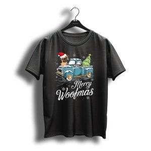 Merry Woofmas Pug Truck Christmas Tree Santa Hat Snowflakes T-Shirt