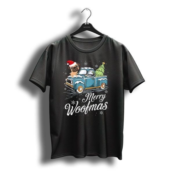 Merry Woofmas Pug Truck Christmas Tree Santa Hat Snowflakes T Shirt t shirt 1