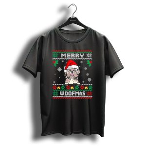 Merry Woofmas Shih Tzu Dog In Santa Hat With Christmas Patterns And Paw Print Snowflakes T-Shirt