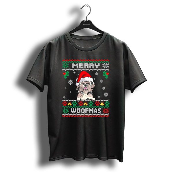 Merry Woofmas Shih Tzu Dog In Santa Hat With Christmas Patterns And Paw Print Snowflakes T Shirt 1 t shirt 1