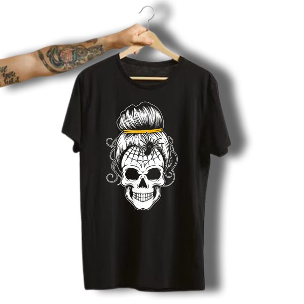 Messy Bun Skull Halloween Spider Web Fun T Shirt t shirt 1