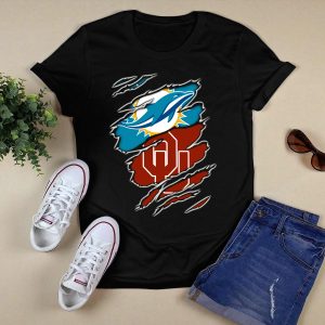 Miami Dolphins Oklahoma Sooners Teal Aqua Crimson Red Blend T-Shirt