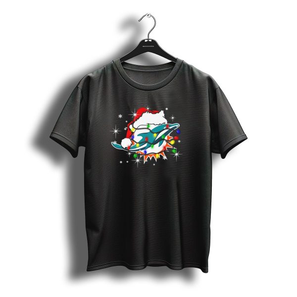 Miami Dolphins Santa Hat Christmas Lights Snowflakes T Shirt t shirt 1