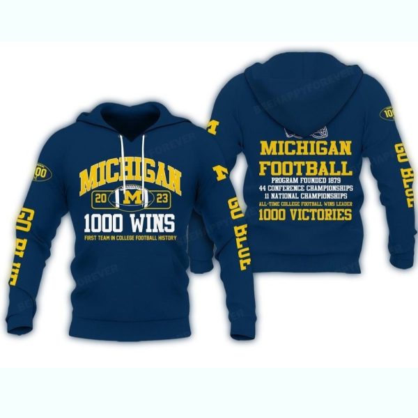 Michigan Football 100 Victories All Time College Football Wins Leader AOP Hoodie 1