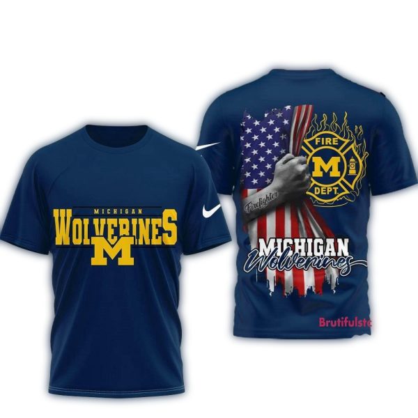 Michigan Wolverines 2025 NCAA Firefighter American Flag 3D Shirt 1