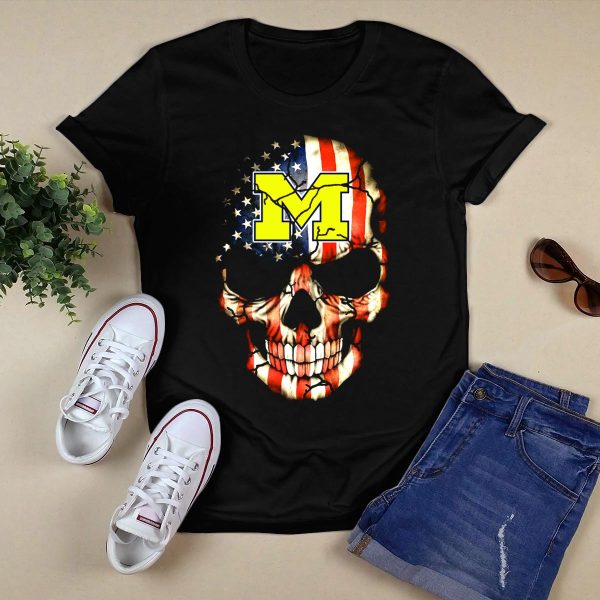 Michigan Wolverines American Flag Skull 67 T Shirt Black 1