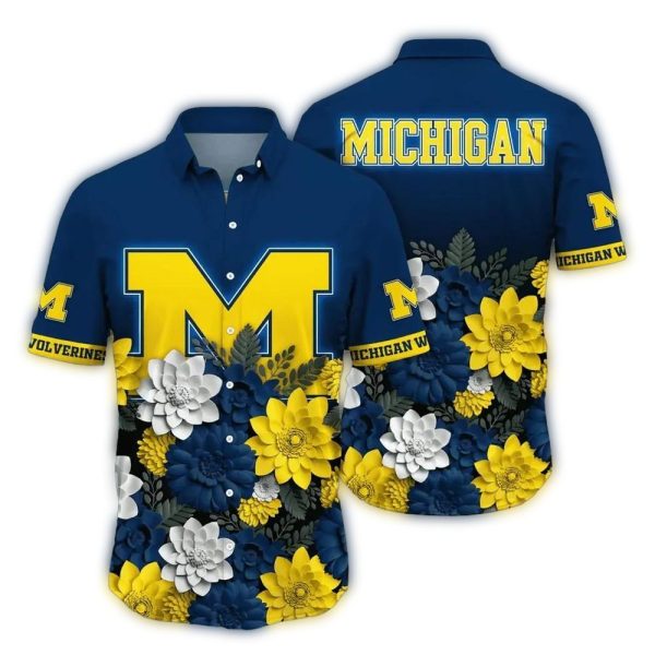 Michigan Wolverines Big Logo and Flower Hawaiian Shirt 1