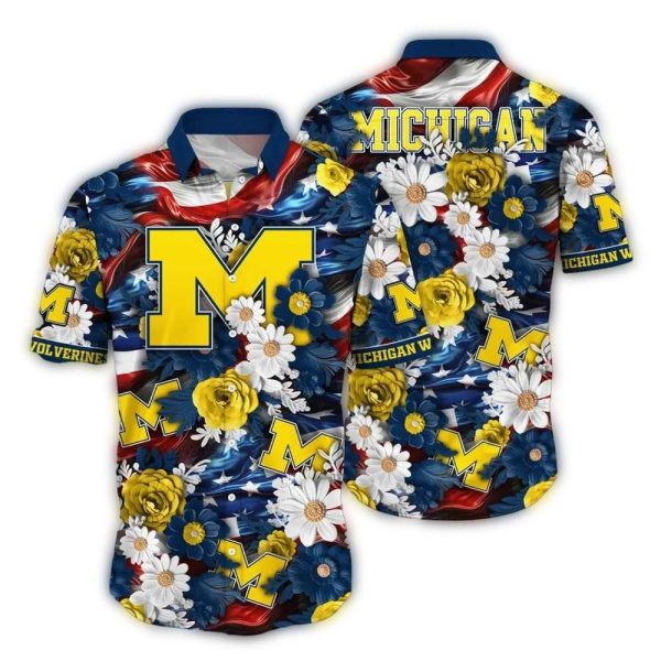 Michigan Wolverines Blossom and Flag US Hawaiian Shirt 1