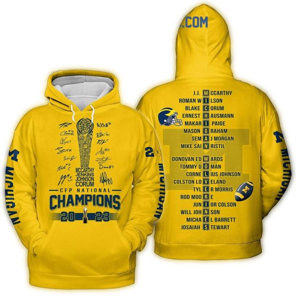 Michigan Wolverines CFP National Champions 2023 Yellow AOP Hoodie 1