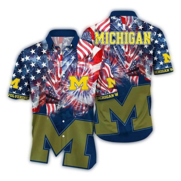 Michigan Wolverines Flag American For 4th Of July Hawaiian Shirt 1