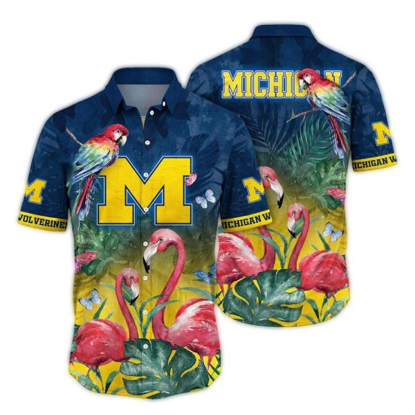 Michigan Wolverines Flamingo and Parrot Art Hawaiian Shirt 1