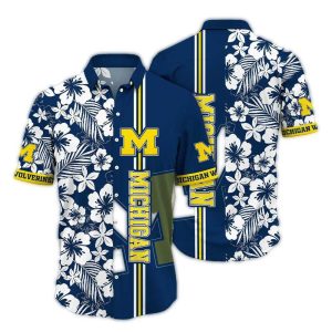 Michigan Wolverines Floral Flowers White Stripe Hawaiian Shirt