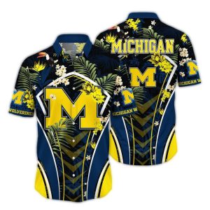 Michigan Wolverines Floral Leafs Pattern Uniform Hawaiian Shirt