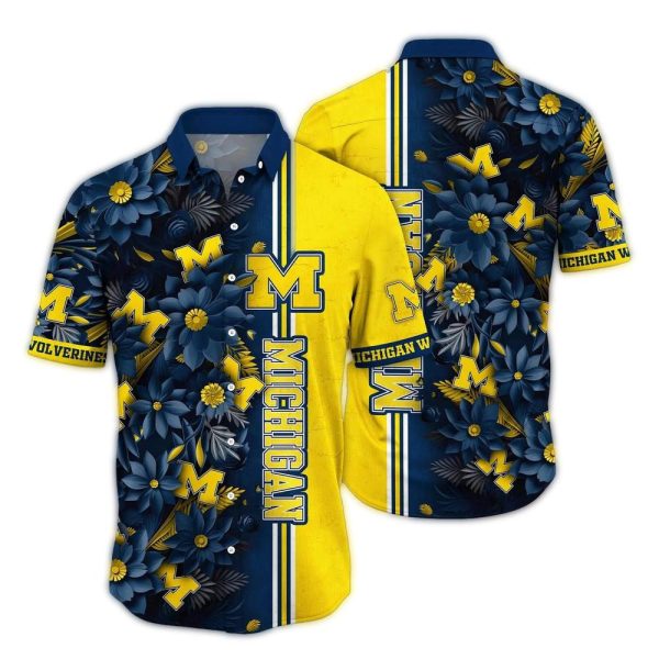 Michigan-Wolverines-Flower-Stripe-Yellow-Hawaiian-Shirt-1 Michigan Wolverines Flower Stripe Yellow Hawaiian Shirt 1