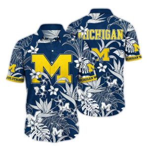Michigan Wolverines Flower White And Navy Hawaiian Shirt