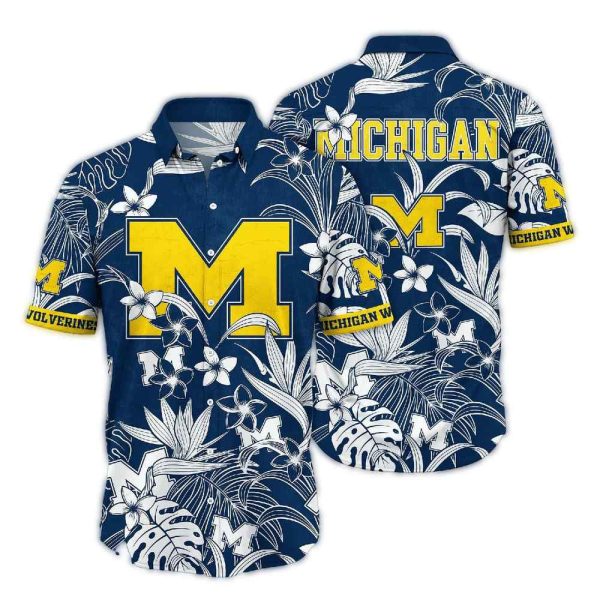 Michigan Wolverines Flower White and Navy Hawaiian Shirt 1