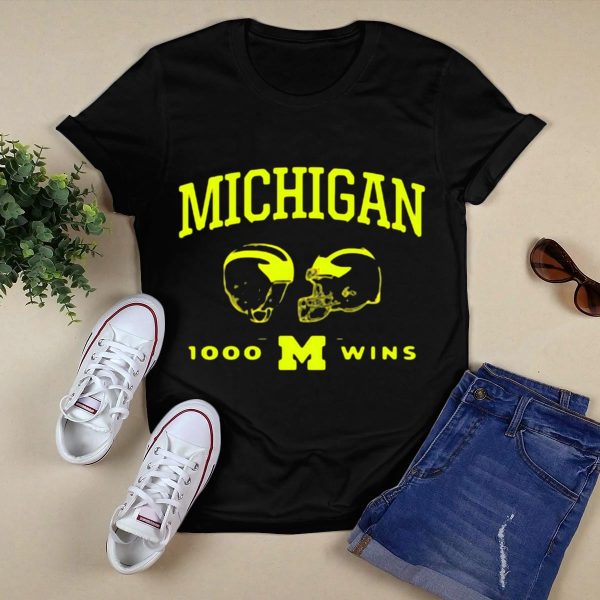 Michigan Wolverines Football 1000 Wins Celebration Dual Helmet T Shirt Black 1