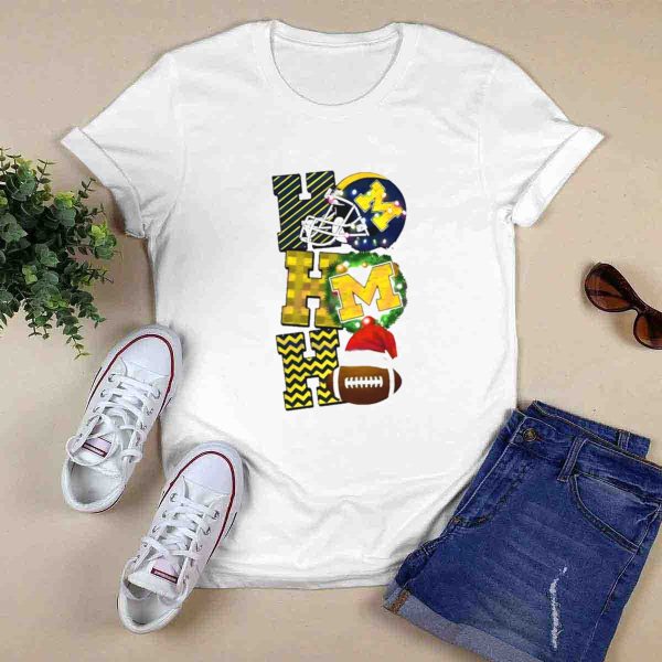 Michigan Wolverines Football Helmet Wreath Christmas Ho Ho Ho T Shirt 0