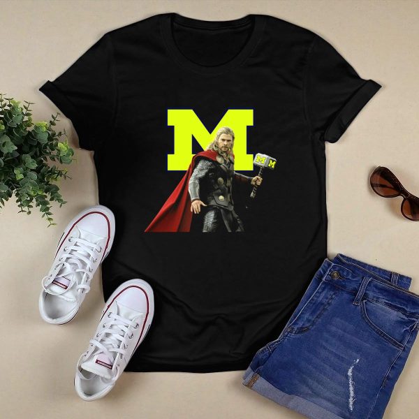 Michigan Wolverines Football M Logo Thor Hammer Crossover T Shirt Black 1