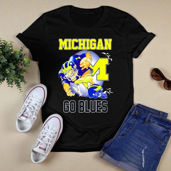 Michigan Wolverines Go Blues Football Player and Helmet T Shirt Black 1