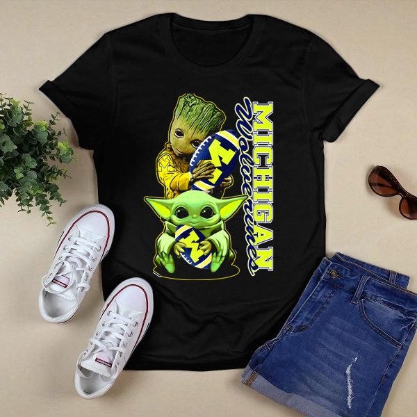 Michigan Wolverines Grogu and Groot Football T Shirt Black 1