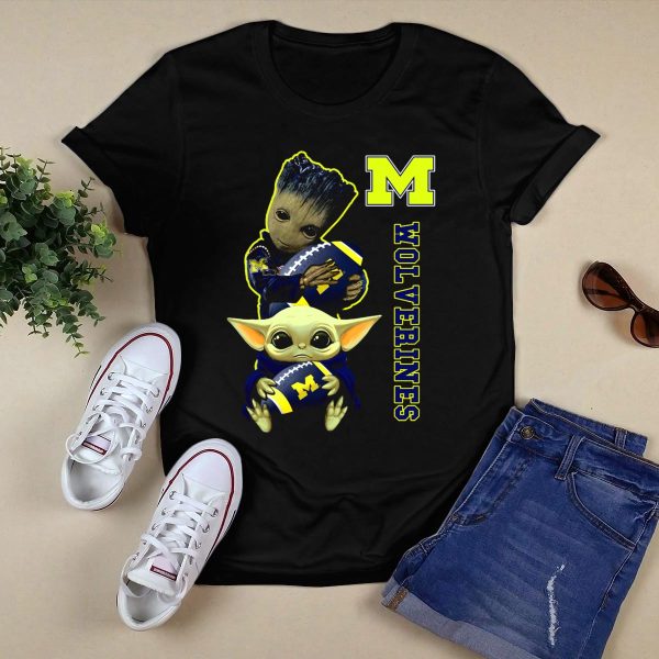 Michigan Wolverines Groot And Baby Yoda Football T Shirt Black 1