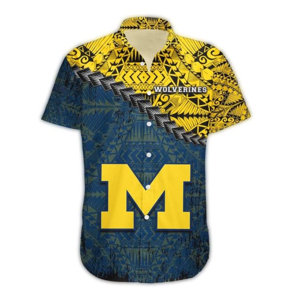 Michigan Wolverines Grunge Polynesian Tattoo Hawaiian Shirt 1