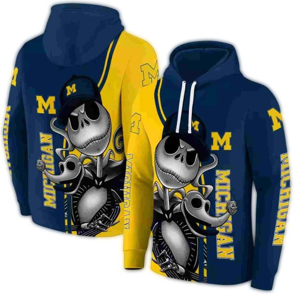Michigan Wolverines Jack Skellington Yellow and Navy AOP Hoodie 1