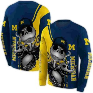Michigan Wolverines Jack Skellington Yellow And Navy All Over Print Sweatshirt