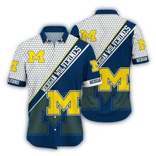 Michigan Wolverines Logo Navy Blue and White Hawaiian Shirt 1