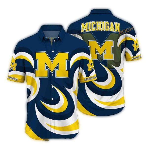 Michigan Wolverines Logo White Navy and White Hawaiian Shirt 1