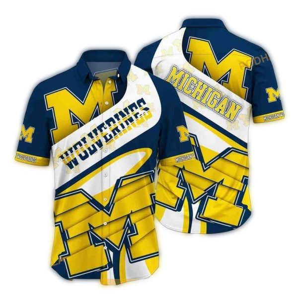Michigan-Wolverines-Logo-White-Yellow-and-Navy-Hawaiian-Shirt-1 Michigan Wolverines Logo White Yellow and Navy Hawaiian Shirt 1