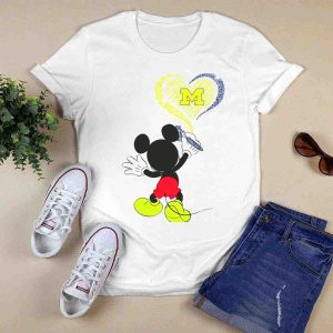 Michigan Wolverines M In Yellow And Blue Heart With Disney Mickey Character T-Shirt