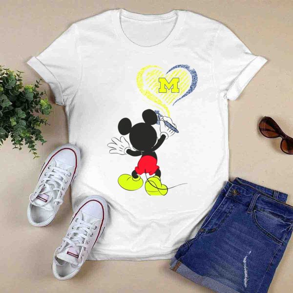 Michigan Wolverines M In Yellow And Blue Heart With Disney Mickey Character T Shirt 0