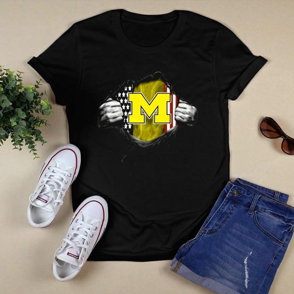 Michigan Wolverines M Logo With American Flag Tear T Shirt Black 1