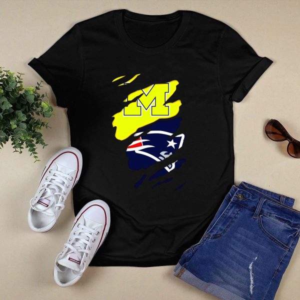 Michigan Wolverines New England Patriots Logo Mashup T Shirt Black 1