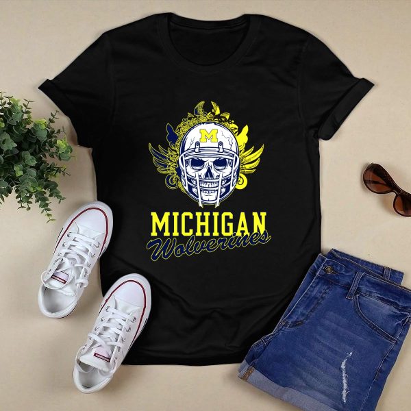 Michigan Wolverines Skull Helmet with Floral Wings T Shirt Black 1