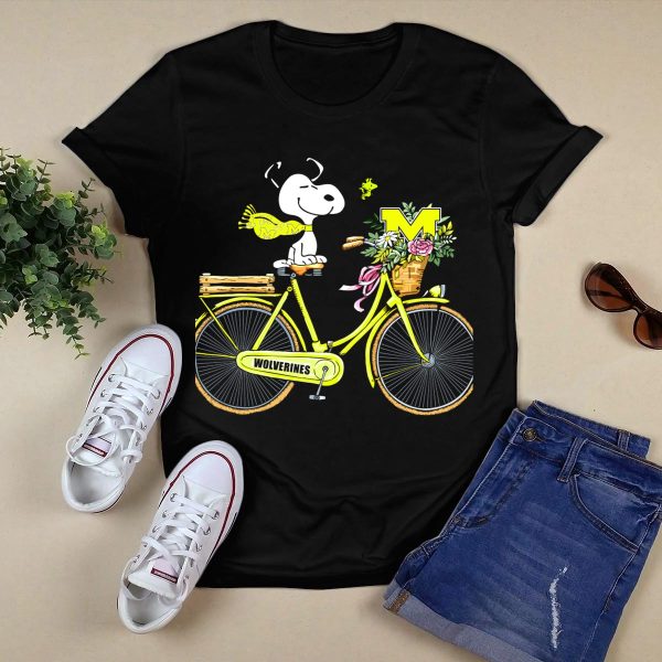 Michigan Wolverines Snoopy On Yellow Bicycle With Flowers T Shirt Black 1
