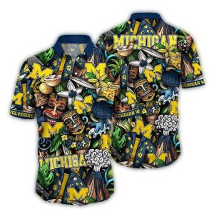Michigan Wolverines Tiki Turtle Floral Pattern Hawaiian Shirt