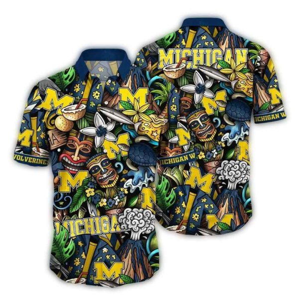 Michigan Wolverines Tiki Turtle Floral Pattern Hawaiian Shirt 1