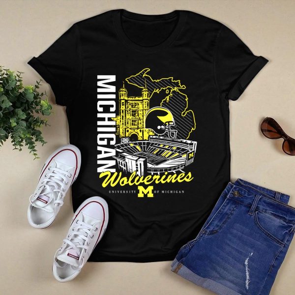 Michigan Wolverines University of Michigan Stadium Map Helmet T Shirt Black 1