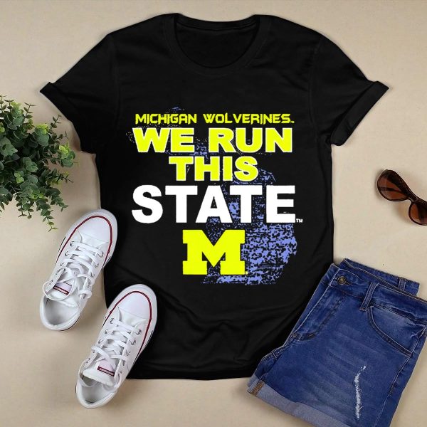 Michigan Wolverines We Run This State M Logo Michigan Map T Shirt Black 1