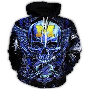 Michigan Wolverines Wings Skull All Over Print Hoodie