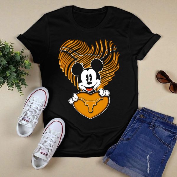 Mick Mouse and Texas Longhorns Heart T Shirt Style 1 Black 1
