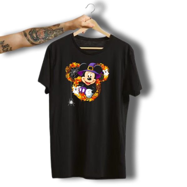 Mickey Halloween Wreath Witch Hat Spiderweb Ghosts Pumpkins Leaves T Shirt t shirt 1