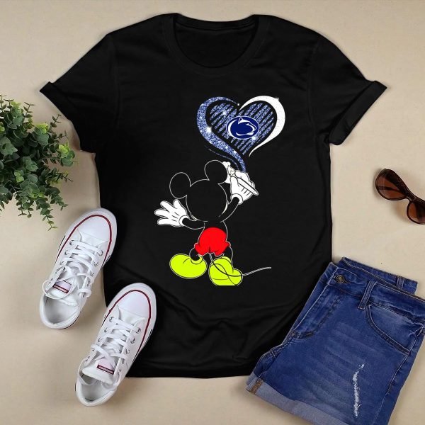 Mickey Mouse Draws Heart with Penn State Nittany Lions T Shirt Black 1