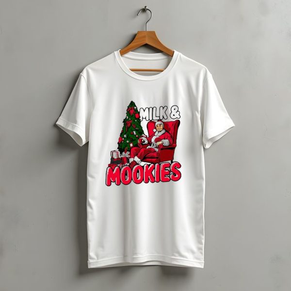 Milk And Mookies Santa By The Christmas Tree T Shirt t shirt 1